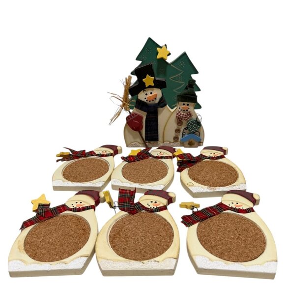Christmas Snowman Coaster Set & Holder 6 Wooden Coasters Cork Base Holiday - Picture 1 of 7